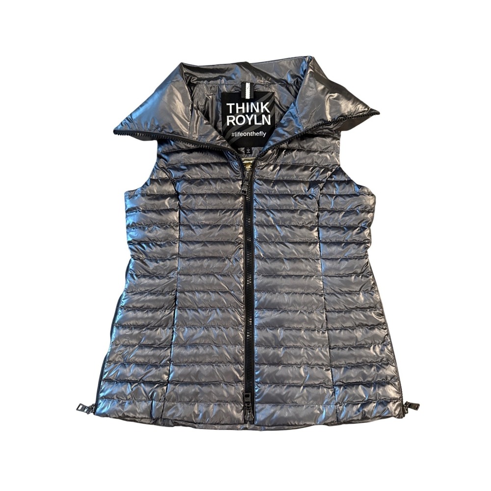 Think Royln Down Gorpcore Puffer Vest Womens Quilted Metallic L Gunmetal Gray